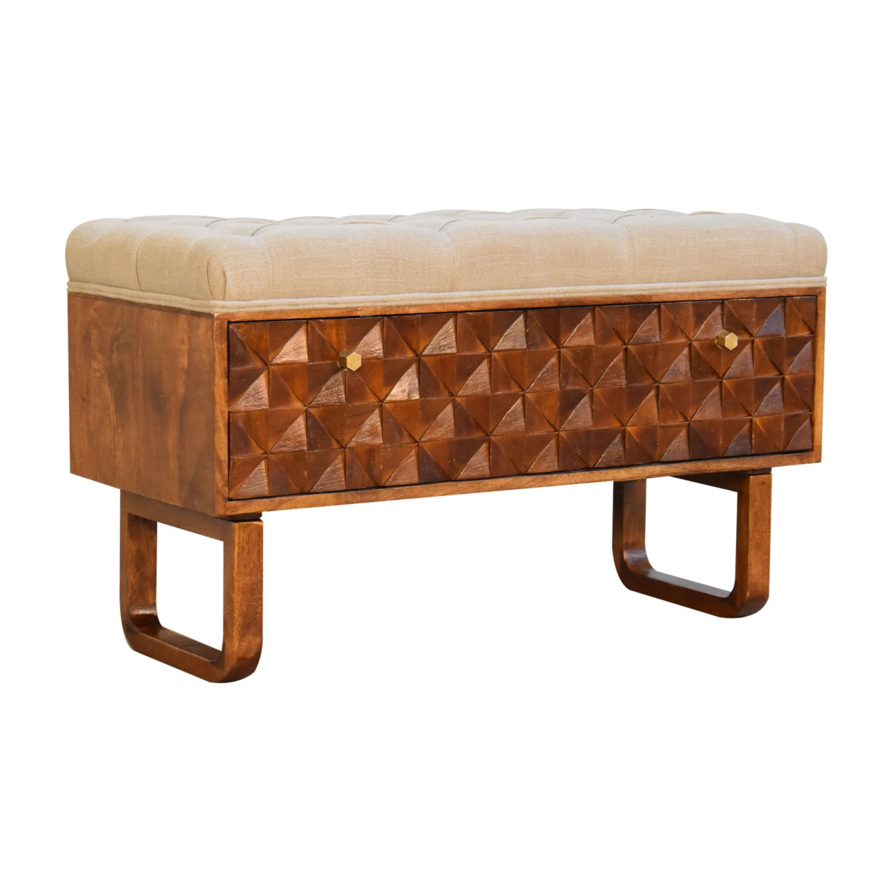Wooden bench with geometric pattern and beige cushion on a white background