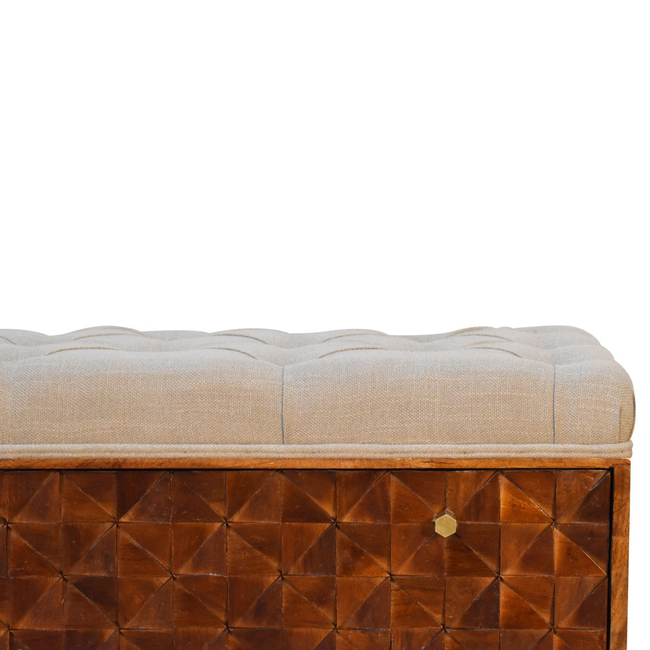 Wooden chest with a beige cushion on a white background