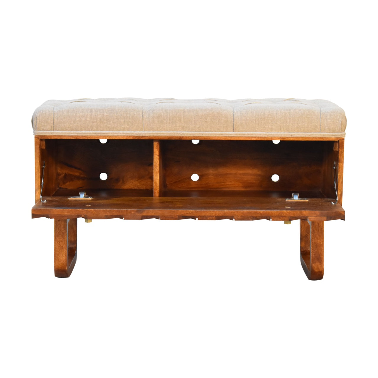 Wooden bench with beige cushion on a white background
