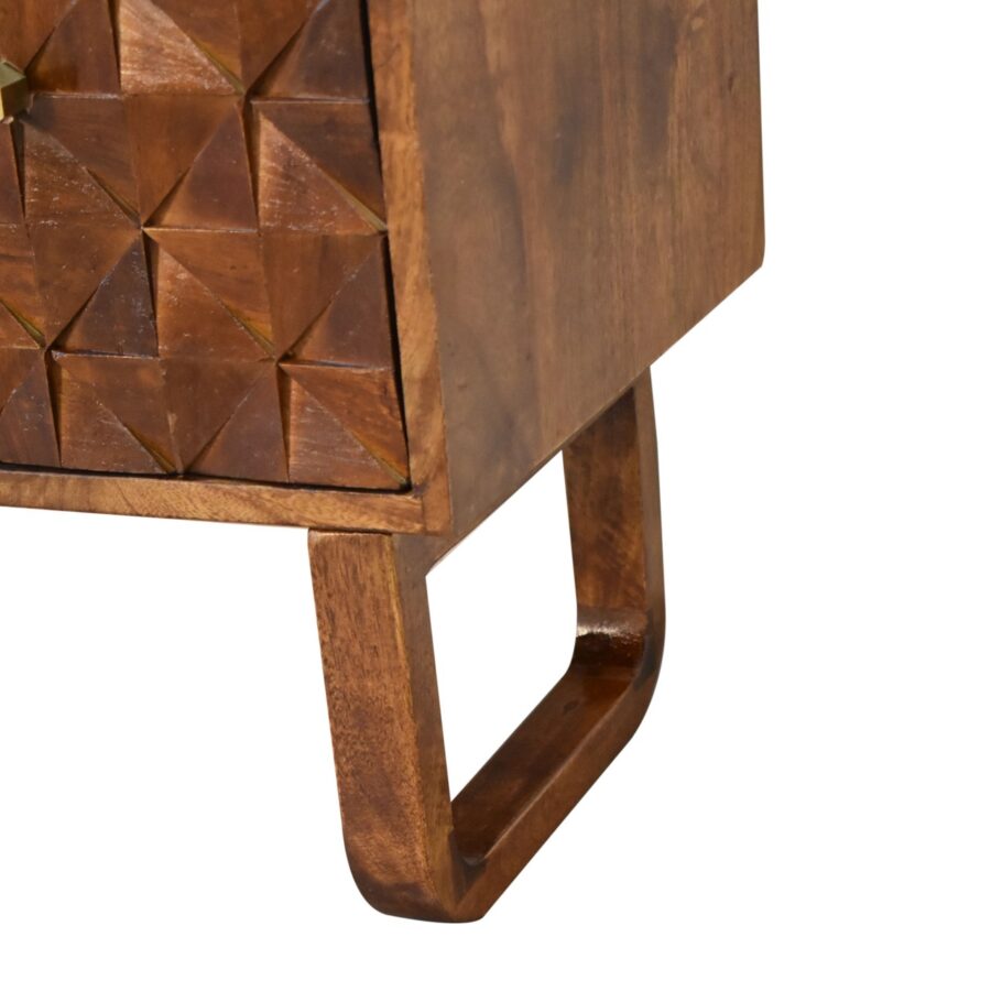Close-up of a wooden side table with geometric pattern