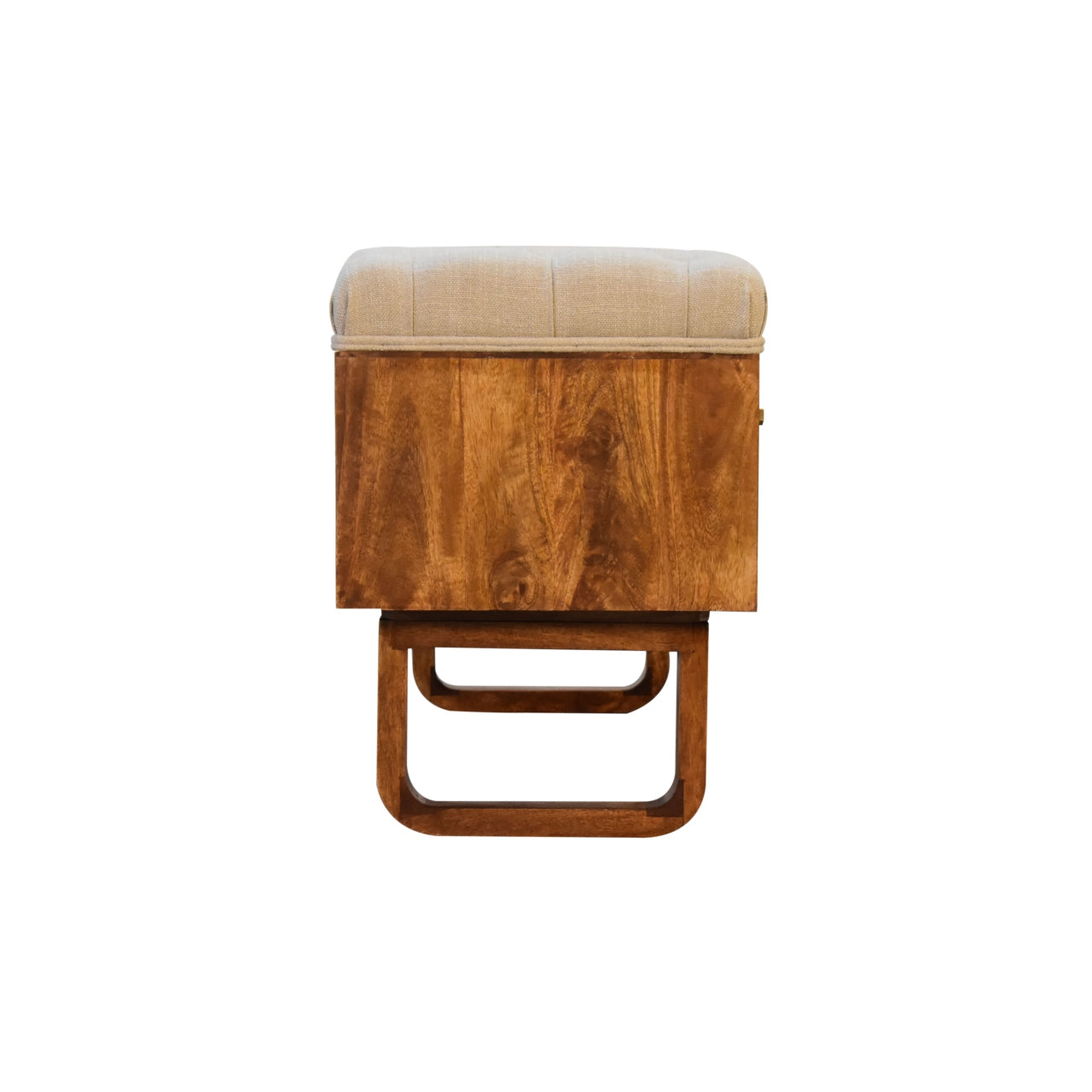 Wooden stool with beige cushion on a white background