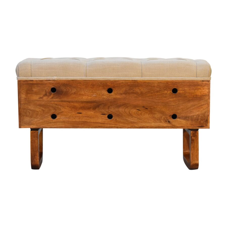 Wooden bench with beige cushion on a white background