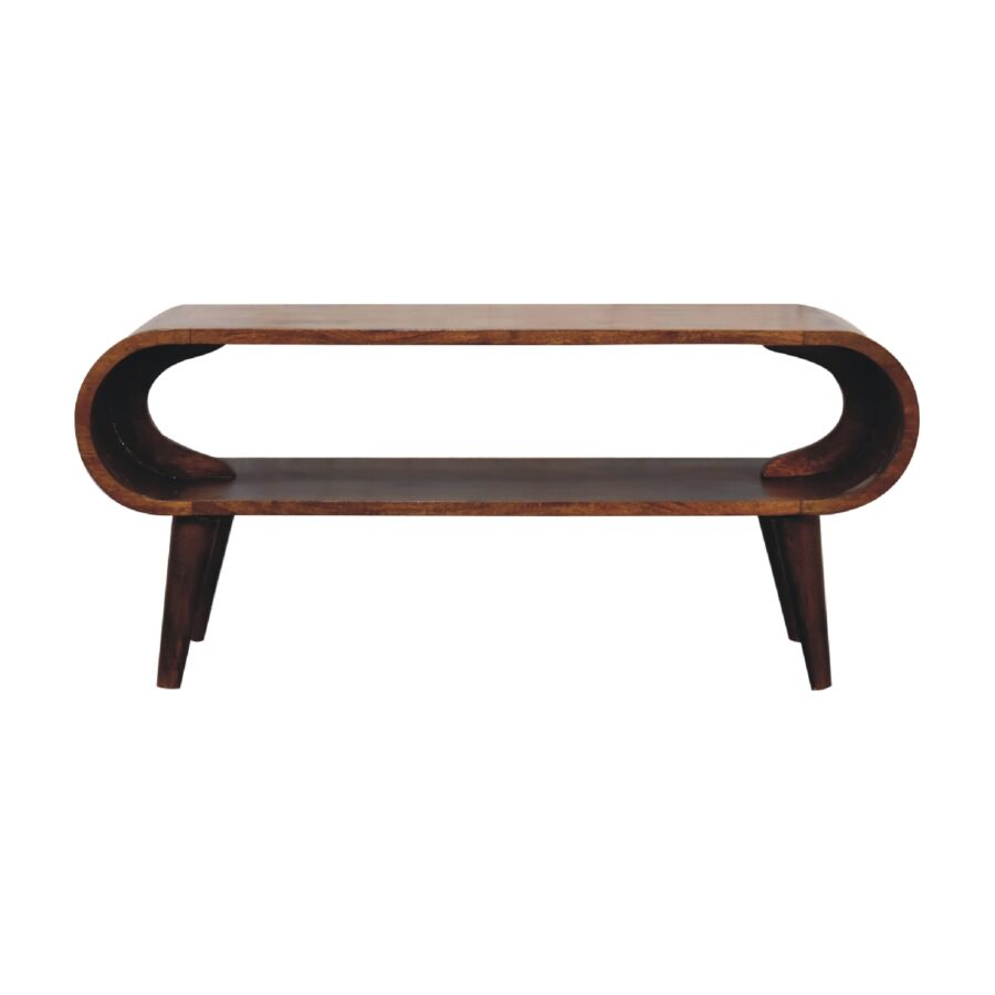 Wooden coffee table with a modern design on a white background