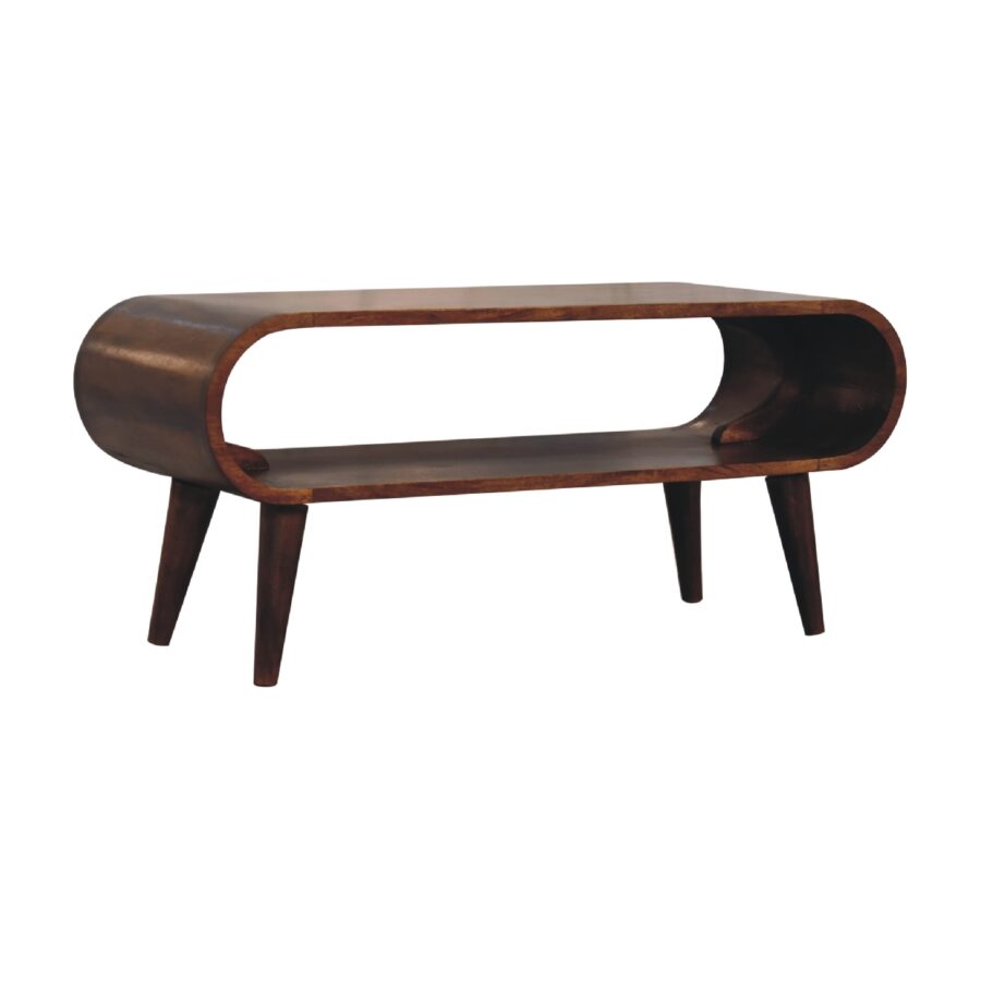 Wooden coffee table with a curved design on a white background