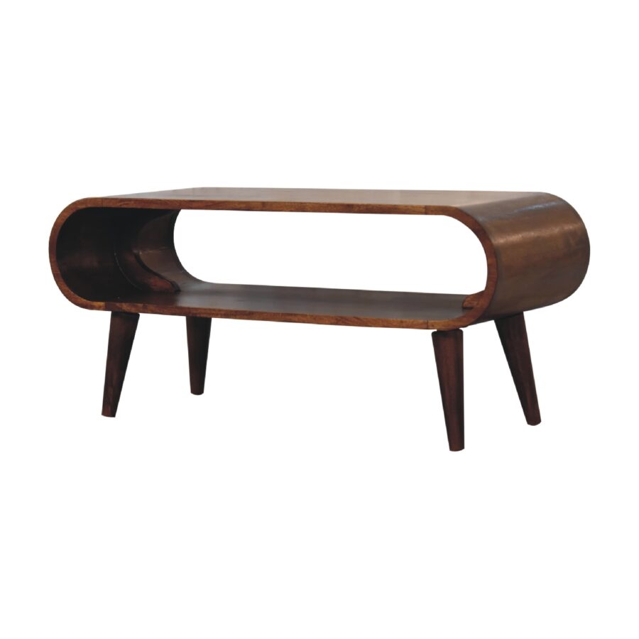 Wooden coffee table with a curved design on a white background