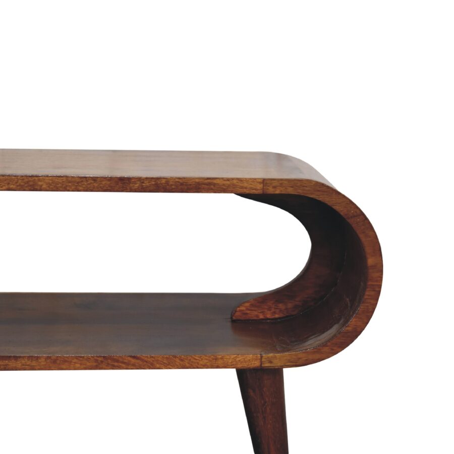 Wooden console table with curved design on a white background