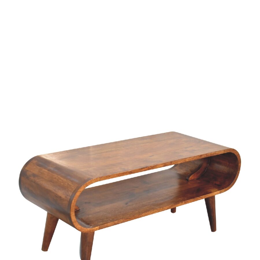 Wooden coffee table with a curved design on a white background
