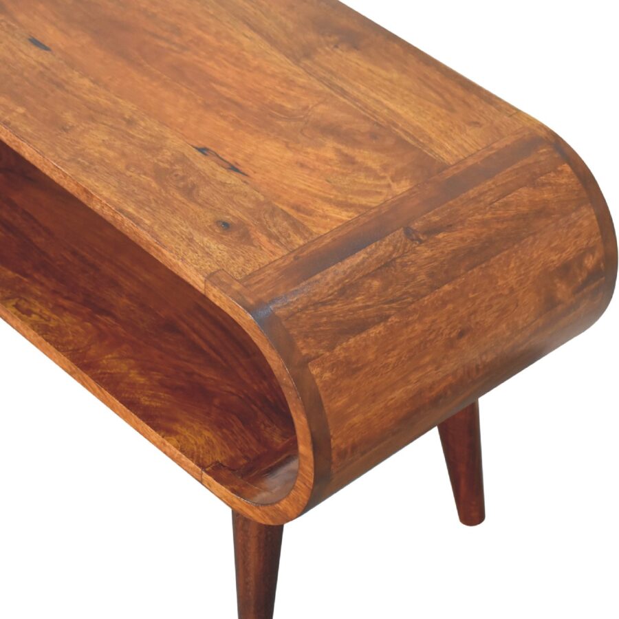 Wooden coffee table with a curved design on a white background