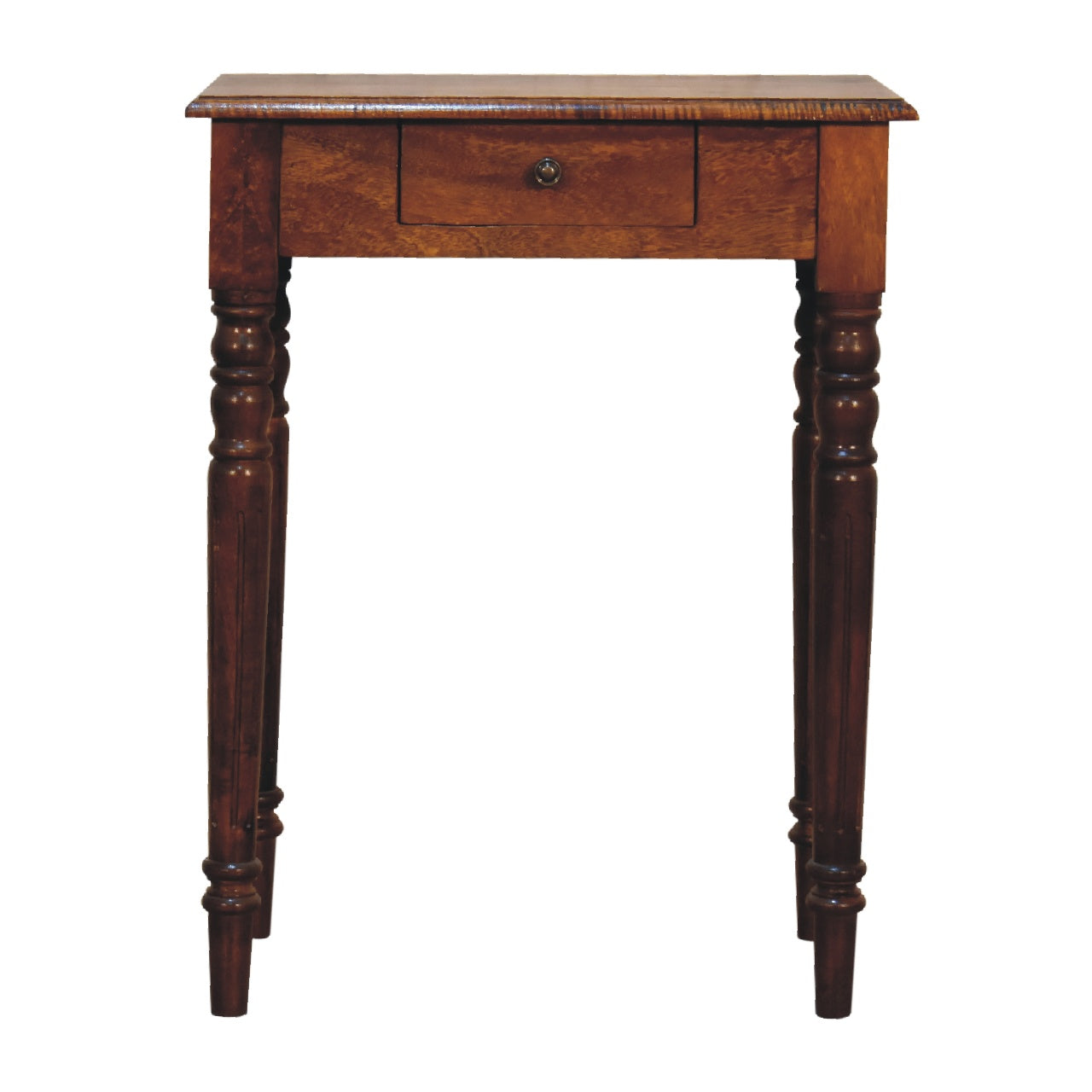 Wooden side table with a single drawer on a white background