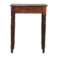 Wooden side table with a single drawer on a white background