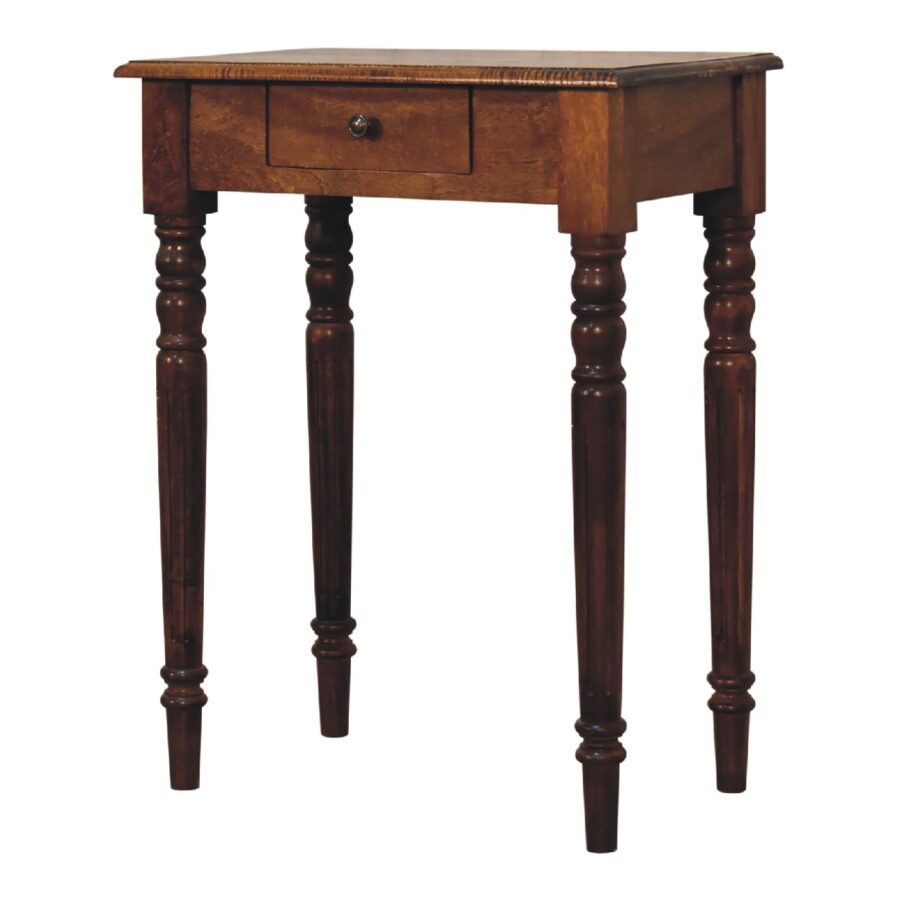 Wooden side table with a single drawer on a white background