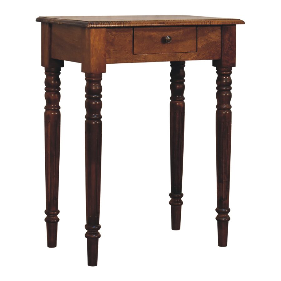 Wooden side table with a single drawer on a white background