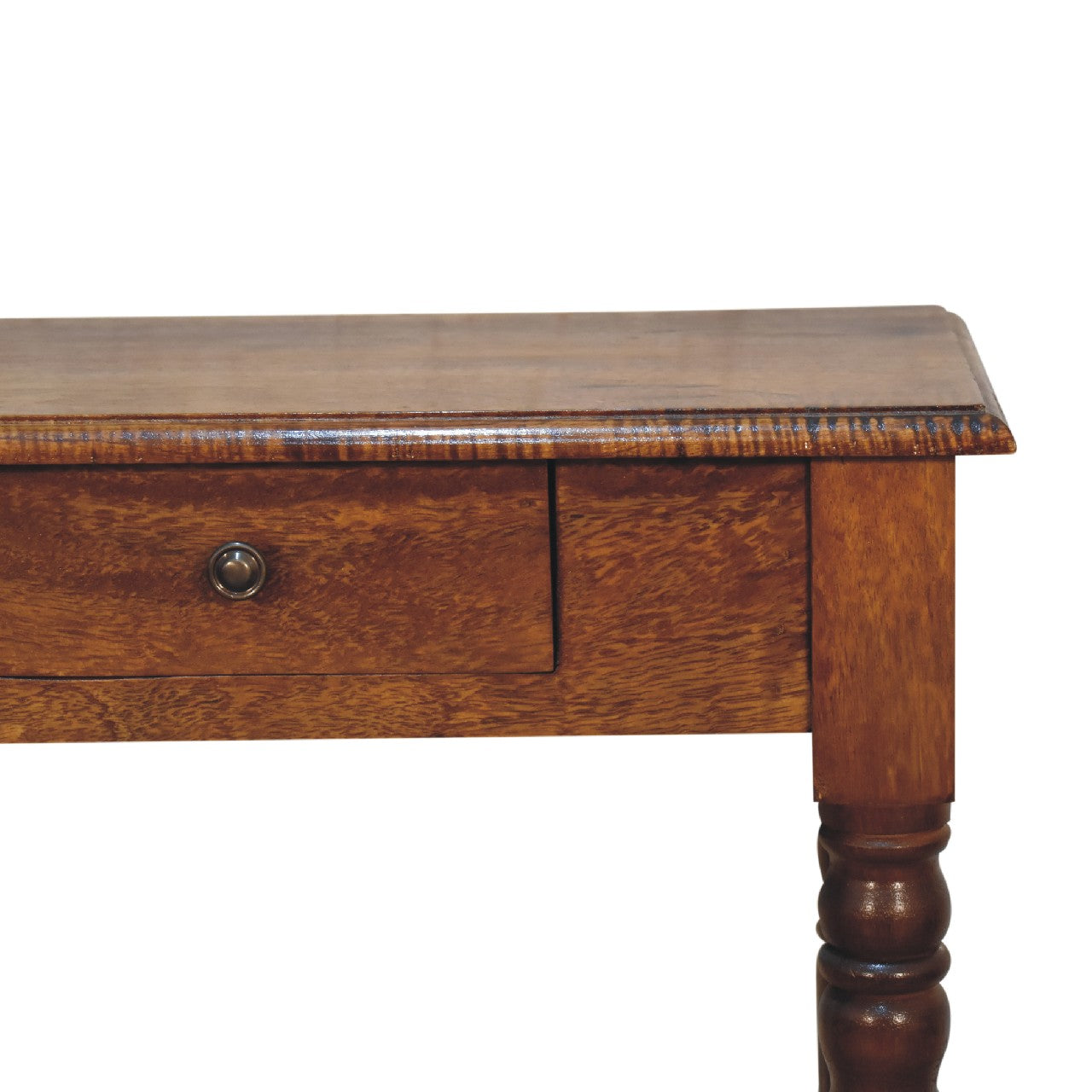 Wooden desk with a single drawer on a white background