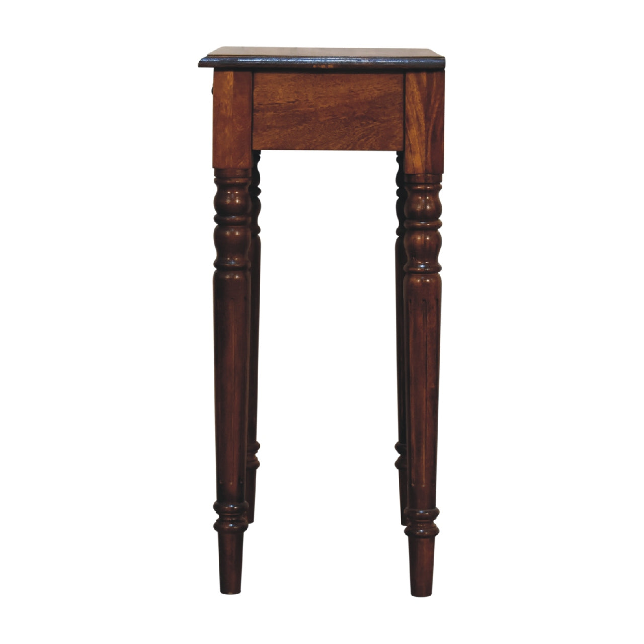 Wooden side table with turned legs on a white background