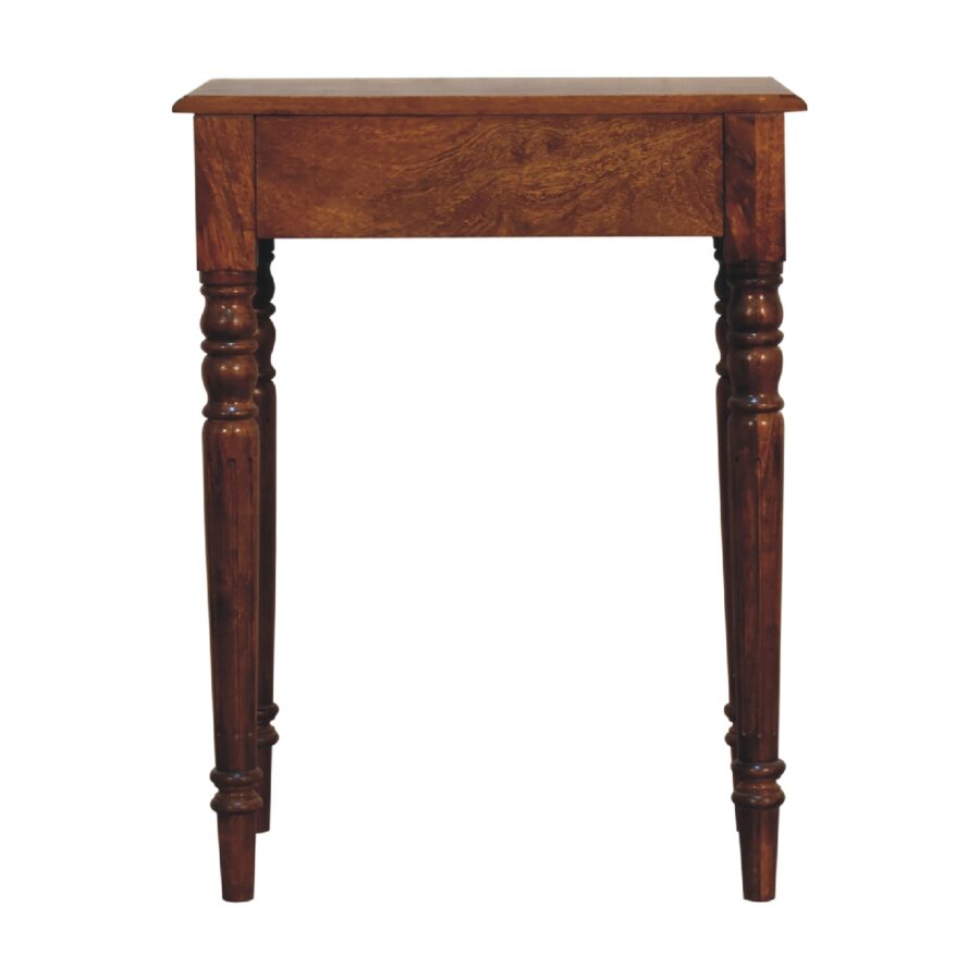 Wooden side table with a single drawer on a white background