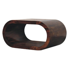 Wooden side table with a curved design on a white background