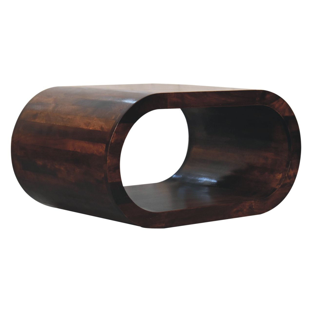 Wooden side table with a unique design on a white background