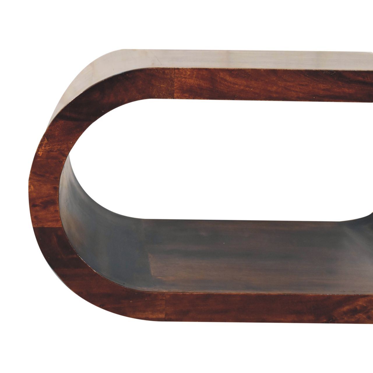 Wooden shelf with a curved design on a white background