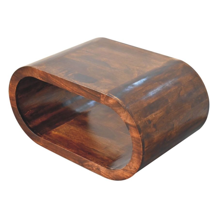 Wooden side table with a wavy design on a white background