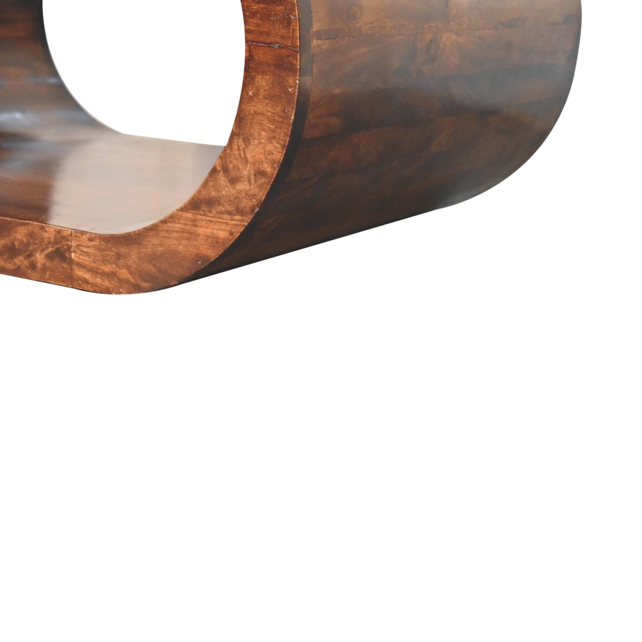 Close-up of a wooden chair with a curved design on a white background