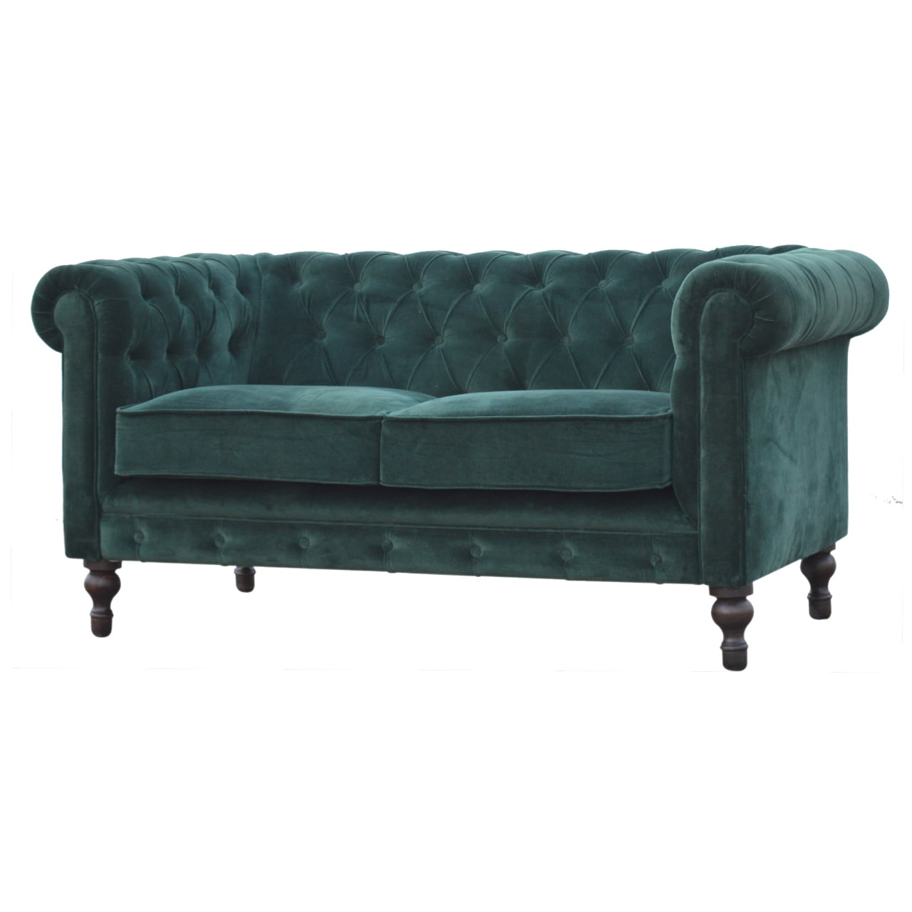 Green velvet sofa with tufted backrest on a white background