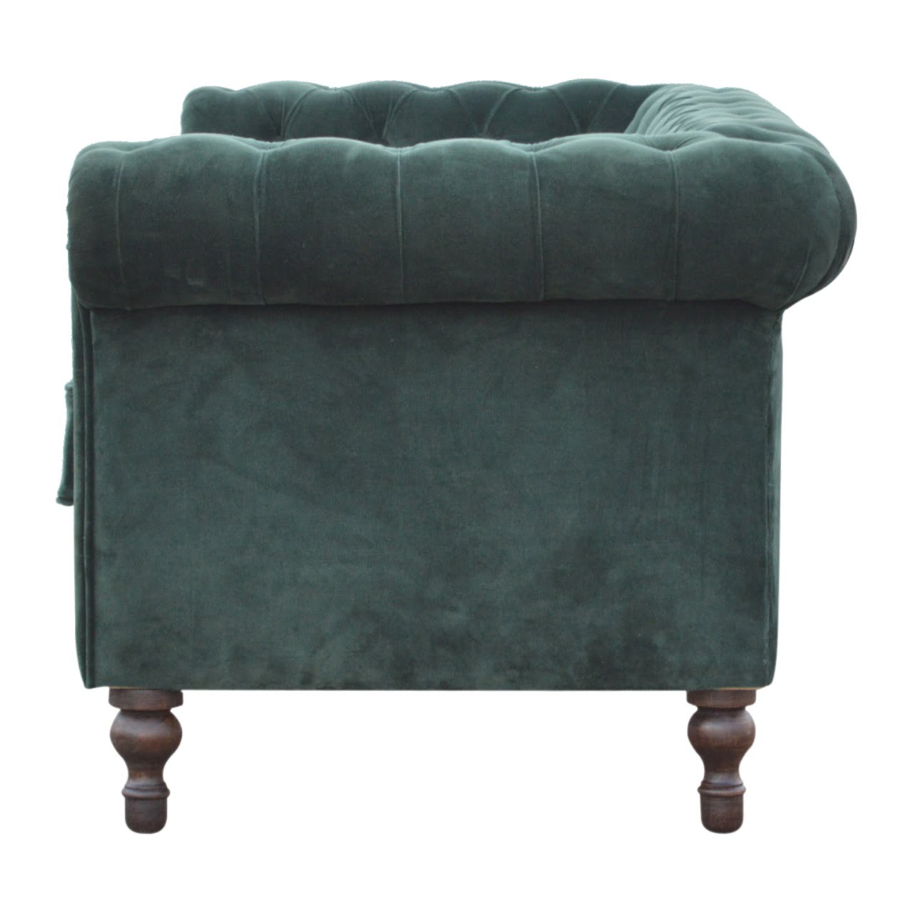 Green velvet armchair with wooden legs on a white background