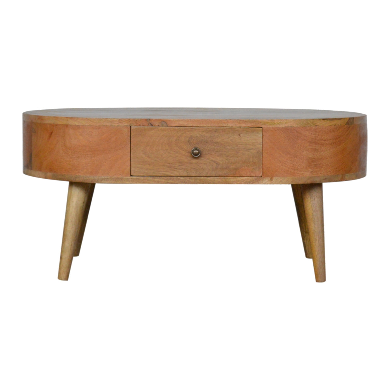 Wooden side table with a single drawer on a white background