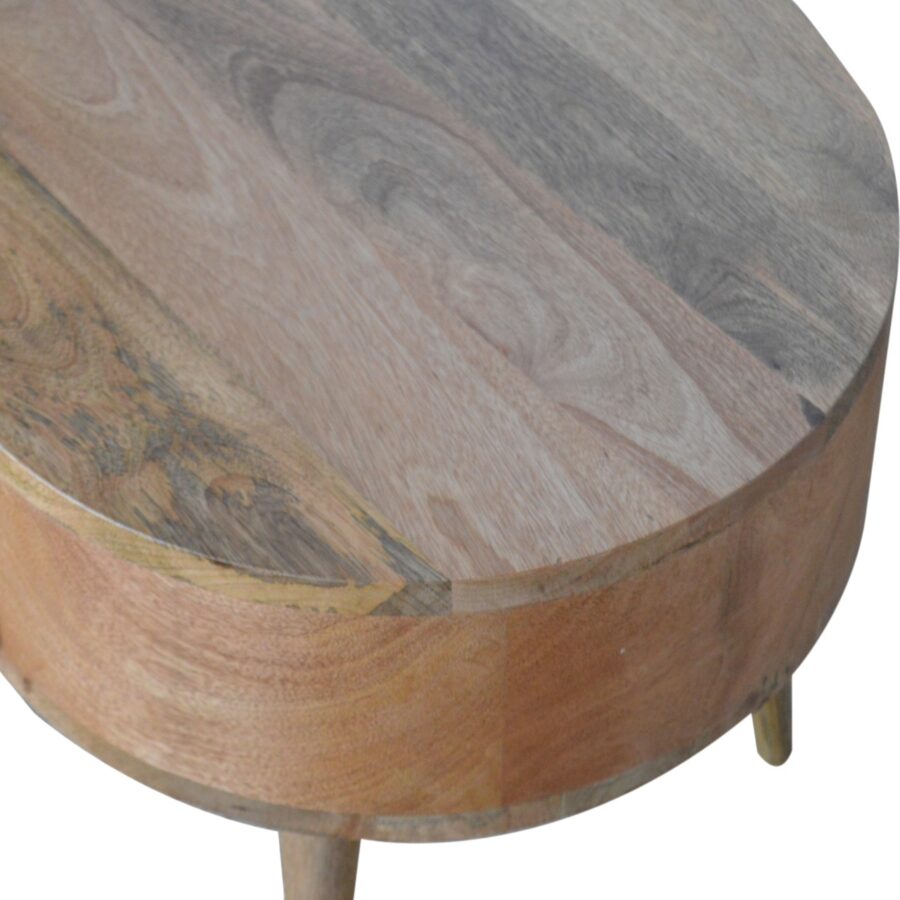 Round wooden table with a natural wood finish on a white background