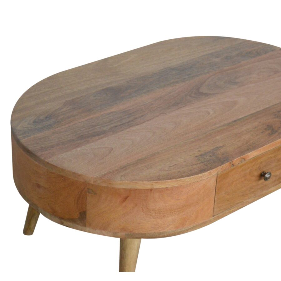Wooden coffee table with a single drawer on a white background