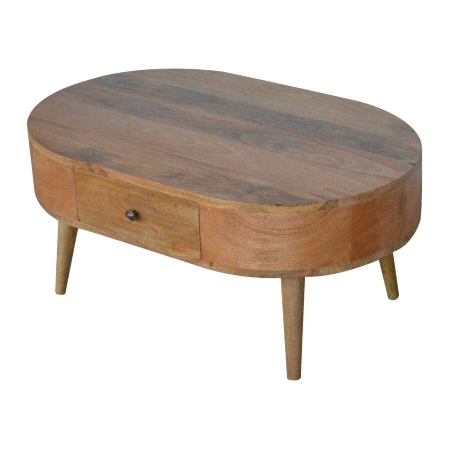 Wooden coffee table with a single drawer on a white background