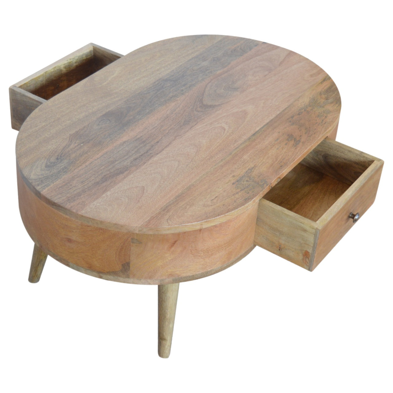 Wooden coffee table with two drawers on a white background