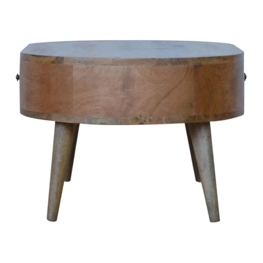 Round wooden side table with a white background