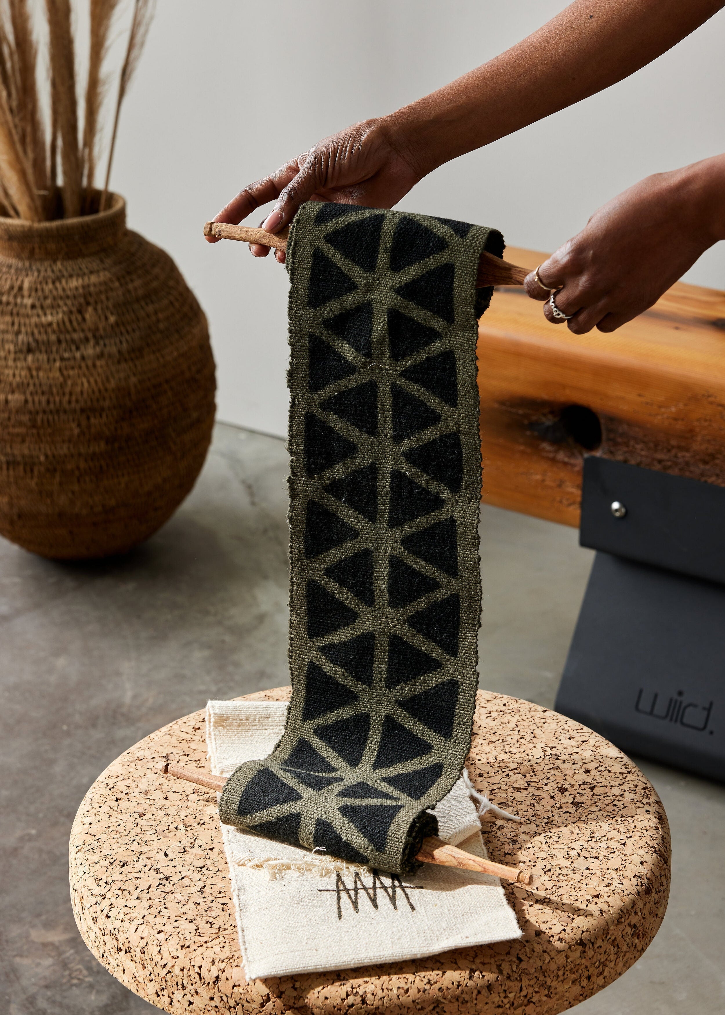 Longevity Bogolan Wall Totem in Grey with Black Triangles - Atlas & Kiln