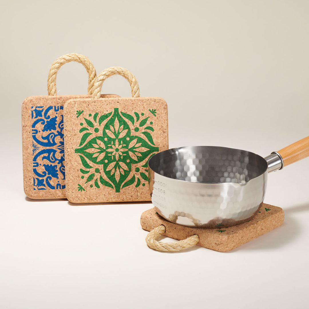 Portuguese Tile Cork Trivet with Rope Handle - Atlas & Kiln