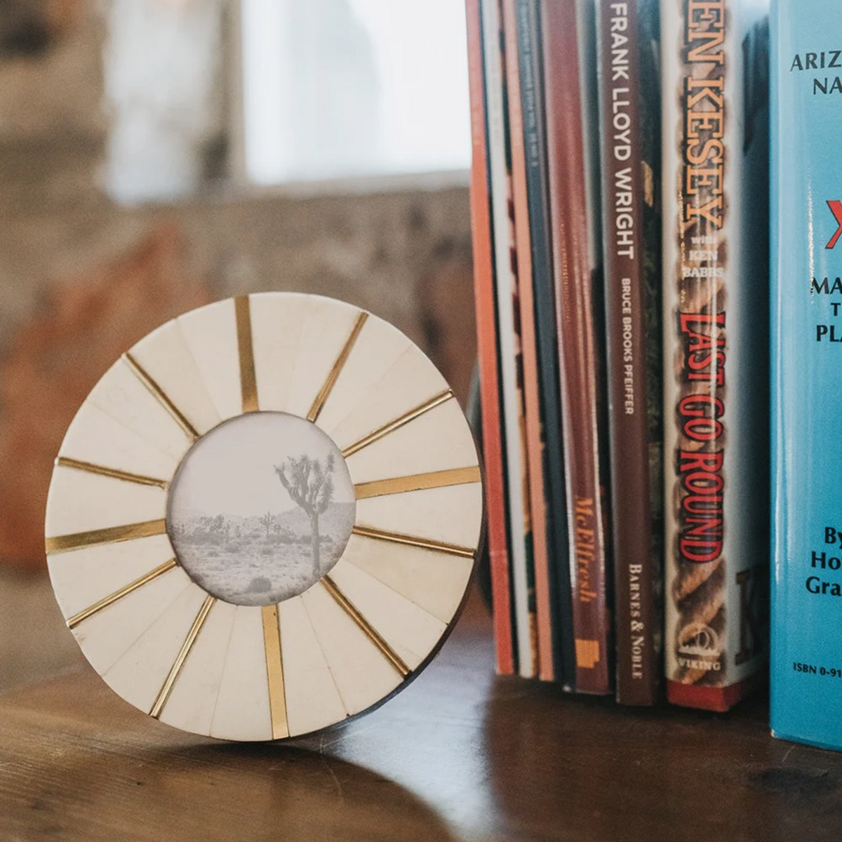 Mukhendu 3x3 Round Picture Frame - Carved Bone, Brass Accents