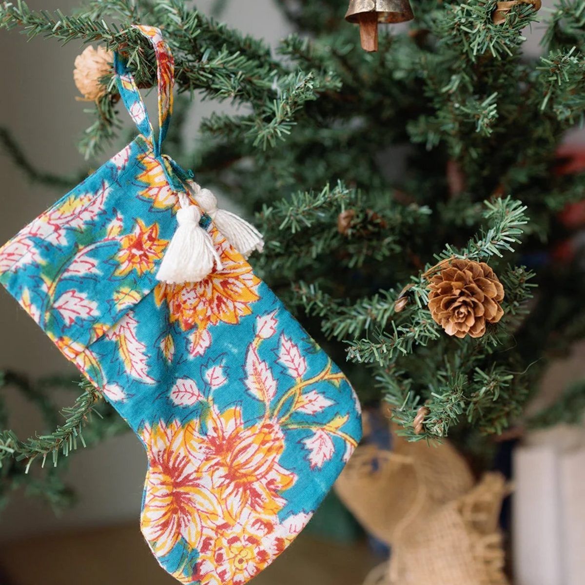 Cotton Mini Holiday Stocking - Assorted Hand Block Print
