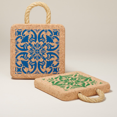 Portuguese Tile Cork Trivet with Rope Handle - Atlas & Kiln