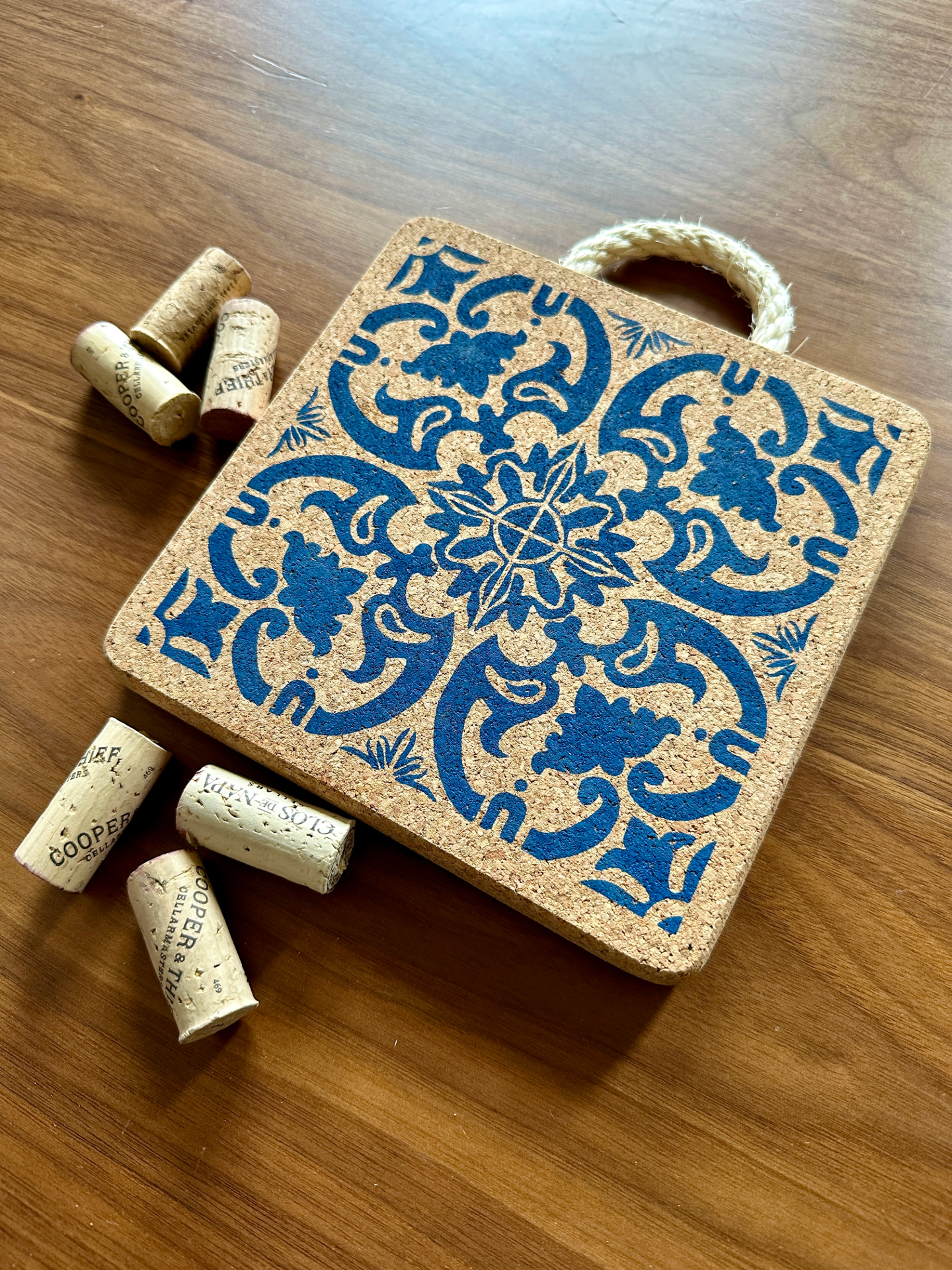 Portuguese Tile Cork Trivet with Rope Handle - Atlas & Kiln