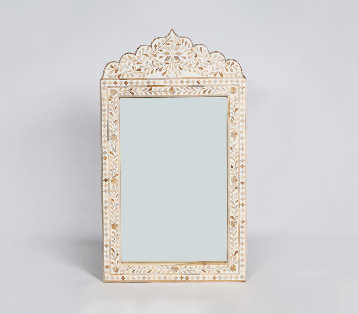 Hand-Carved White Floral Inlay Wall Mirror