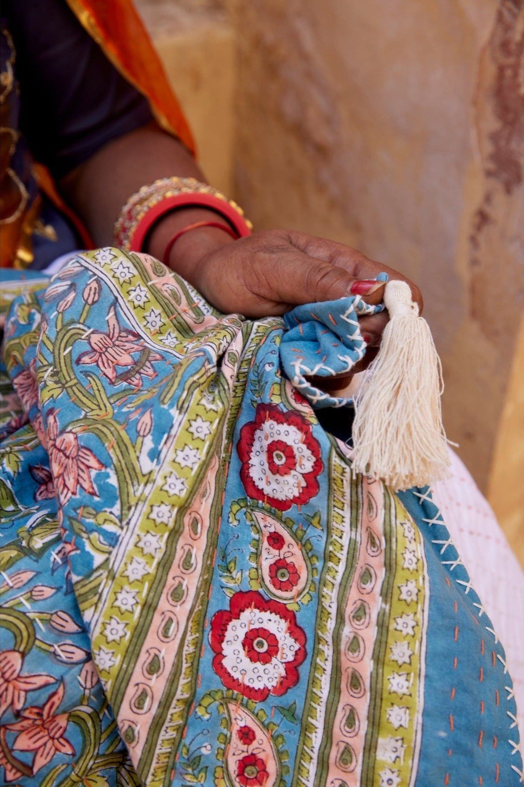 Topanga Blue Block-Printed Kantha Cotton Throw - Atlas & Kiln