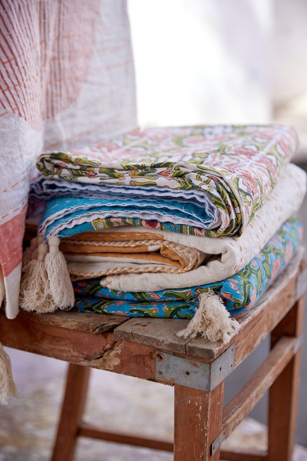 Topanga Blue Block-Printed Kantha Cotton Throw - Atlas & Kiln