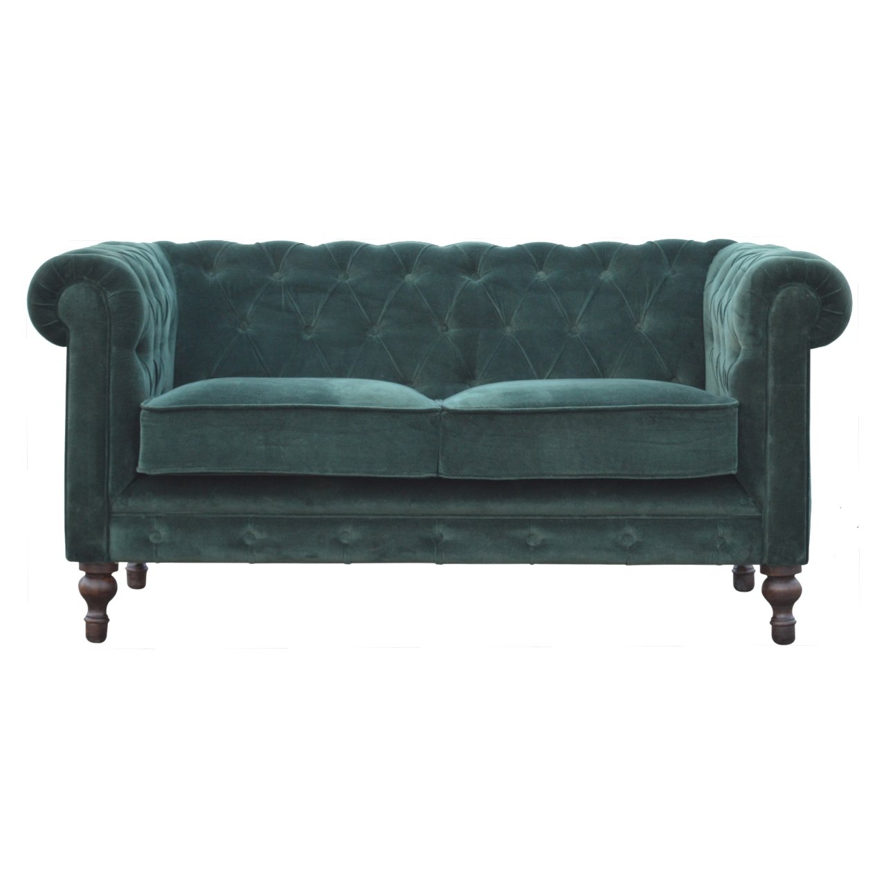 Green velvet sofa with tufted backrest on a white background