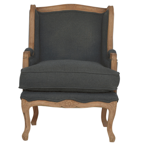 GIF of Gray upholstered chair with wooden frame on a white background rotating through angles 
