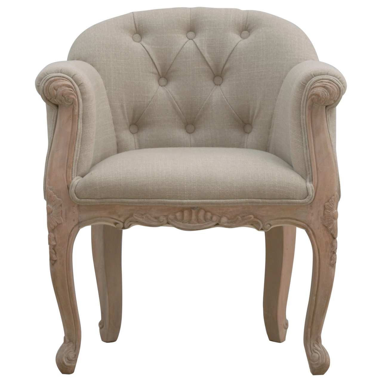 Beige armchair with tufted backrest on a white background