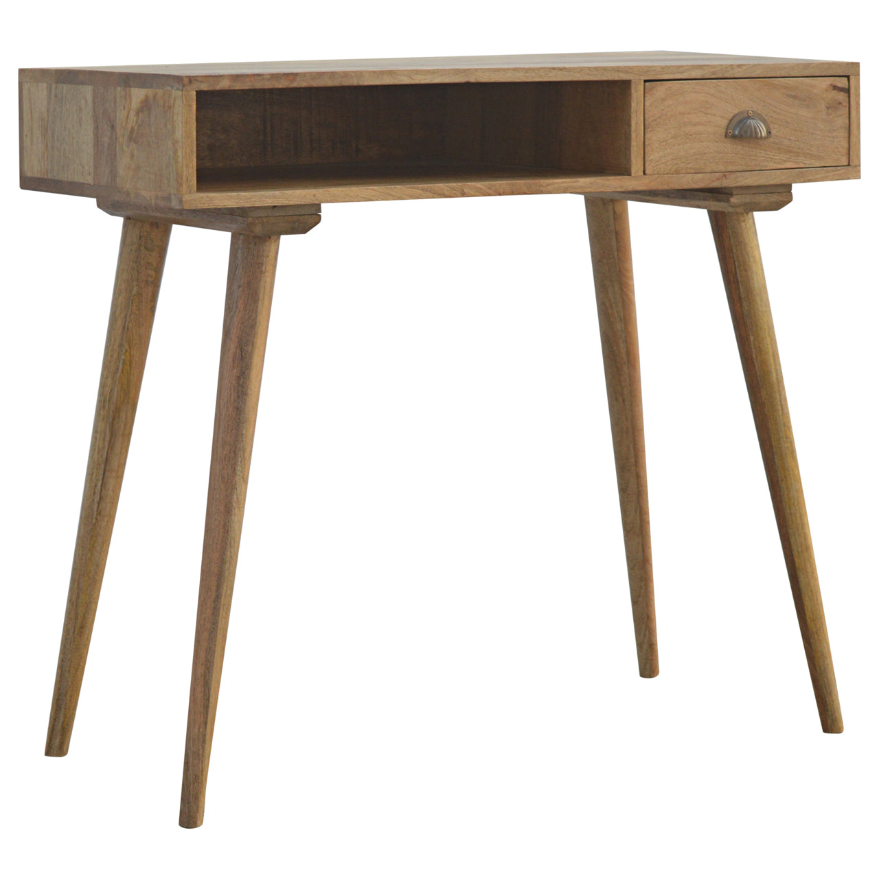 Wooden desk with a single drawer on a white background