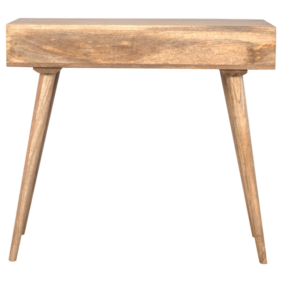 Wooden side table with a natural finish on a white background