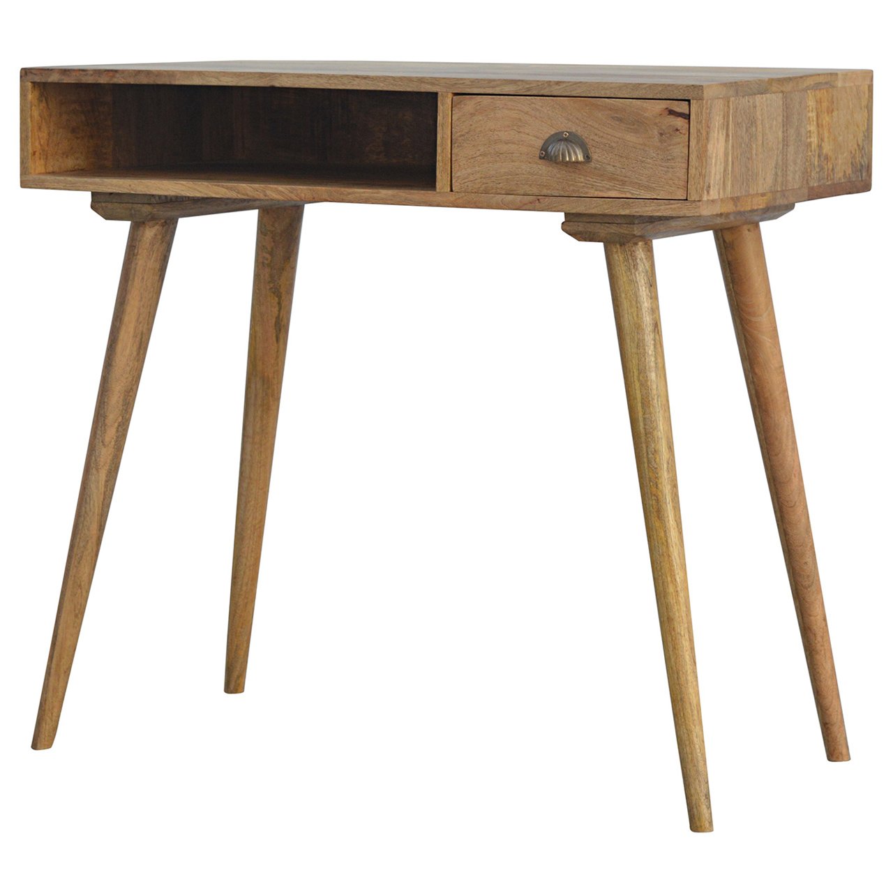 Wooden desk with a single drawer on a white background