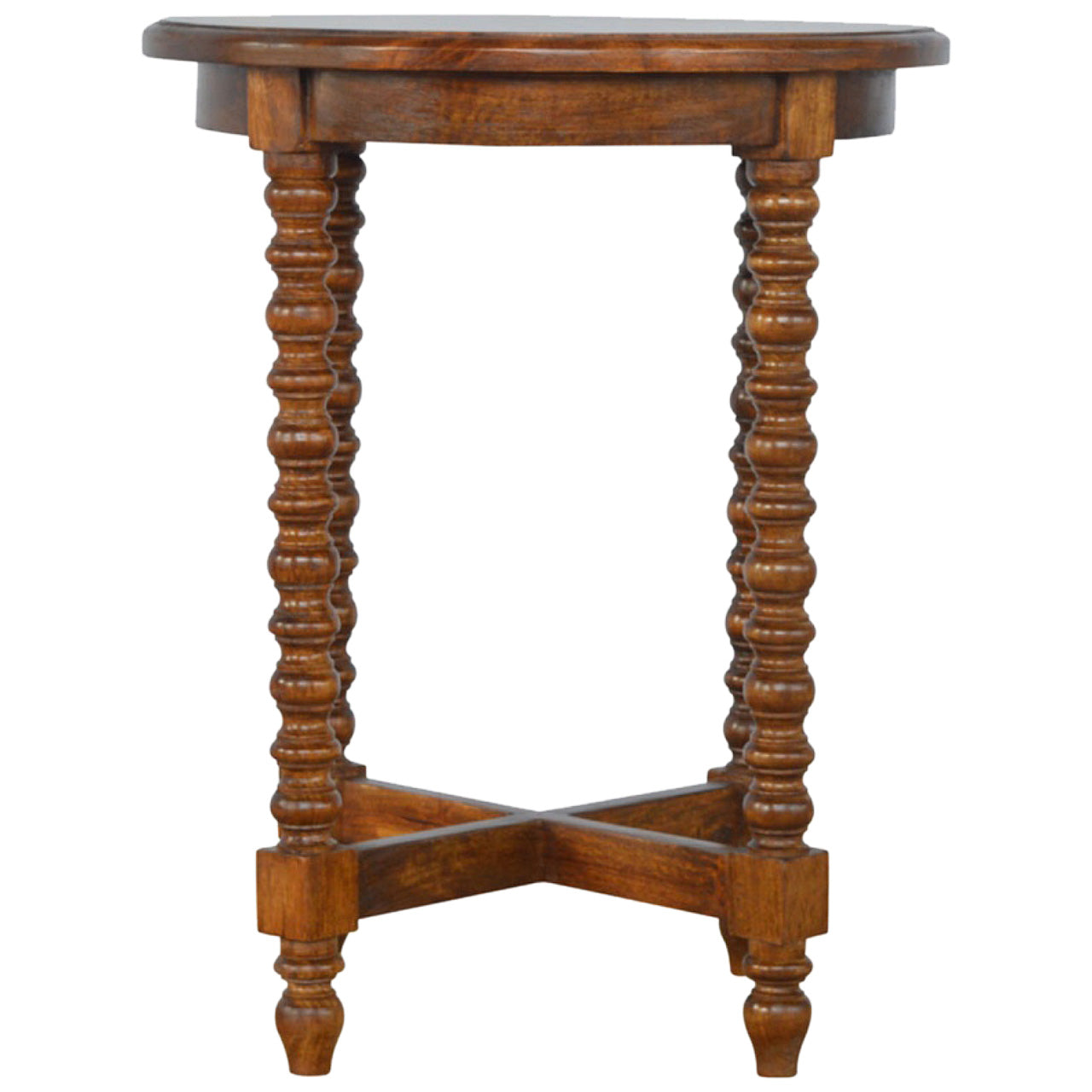 Wooden side table with spiral legs on a white background