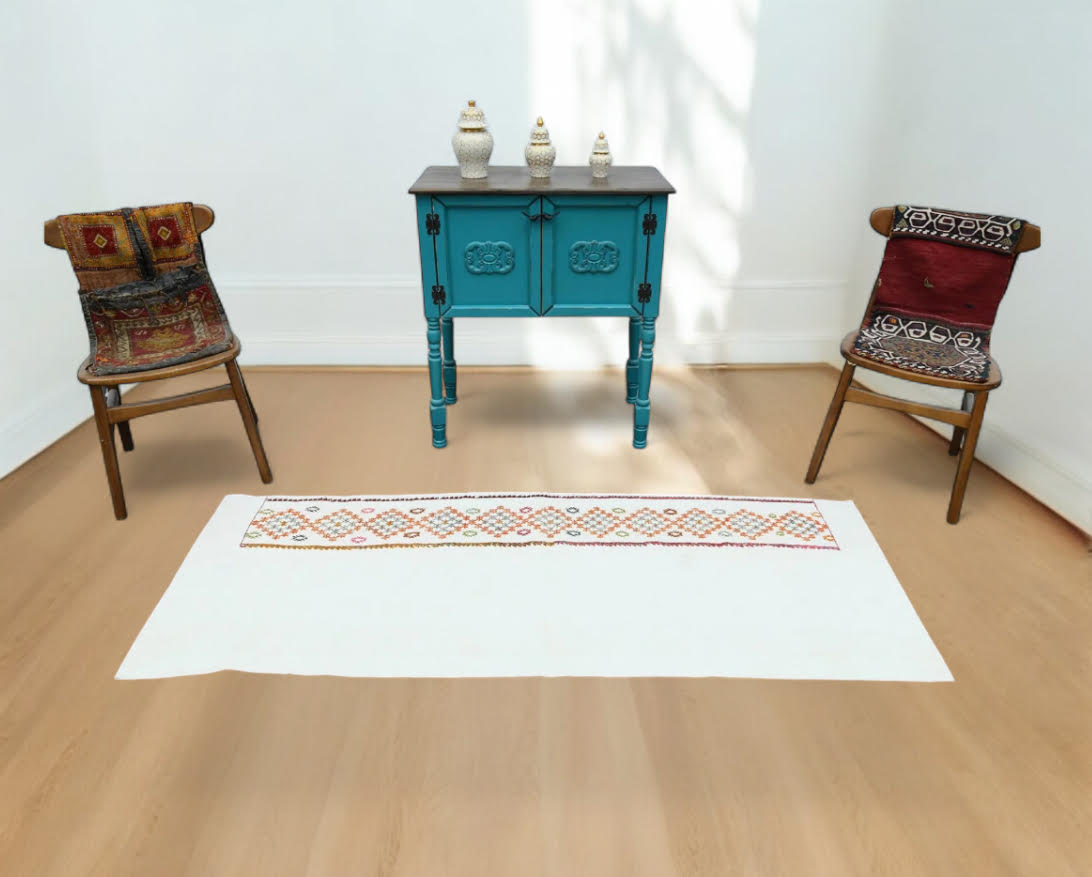2.4' x 6.5' Vintage Embroidered Turkish Kilim - Atlas & Kiln